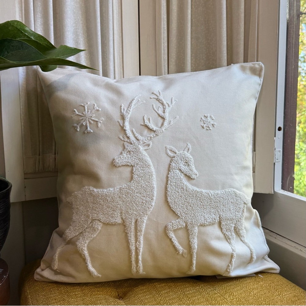 Winter Deer Embroidered Pillow Cover - Cozy, Neutral Holiday Decor